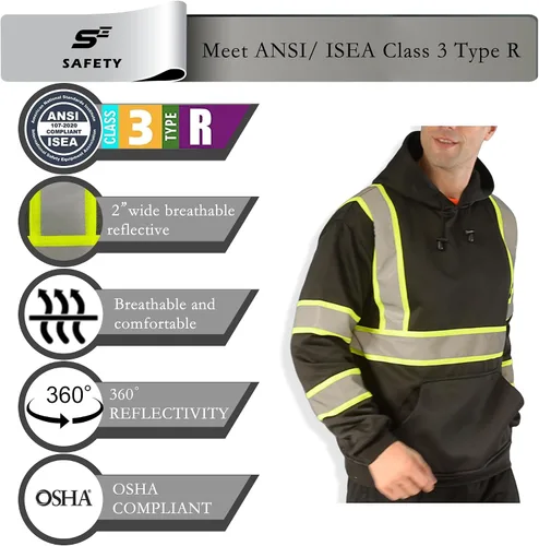 Vista 3 de sesafety Sudadera de alta visibilidad de clase 3 para hombre, sudadera con capucha, sudadera con capucha de seguridad de alta visibilidad negro-203
