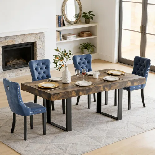 Vista 9 de Juego de mesa de comedor extensible de 5 piezas para 4, mesa de cocina de madera marrón de 63-78.7 pulgadas con 4 sillas acolchadas beige, juego