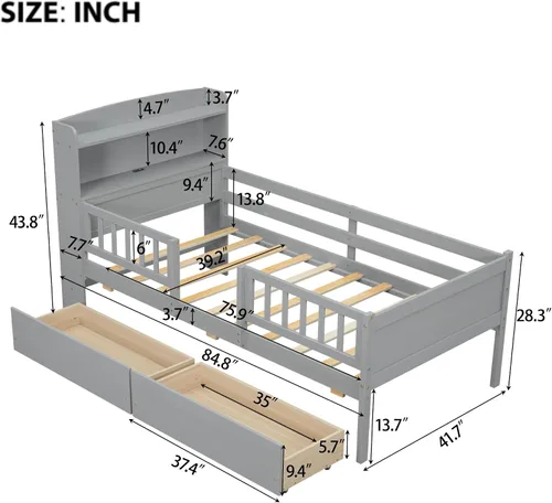 Vista 2 de P PURLOVE Cama de plataforma de tamaño individual con cabecera de almacenamiento, marco de cama de madera con luz LED integrada, cama de plataforma