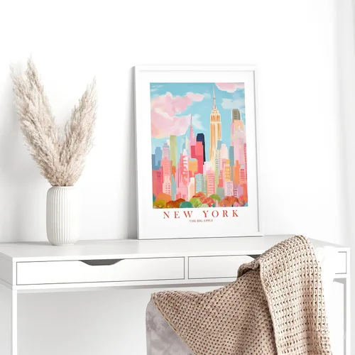 Vista 5 de ColorAndFlair Póster retro de viaje de Nueva York con diseño de horizonte rojo, rosa y naranja, póster retro de recuerdo de la gran manzana, pintura