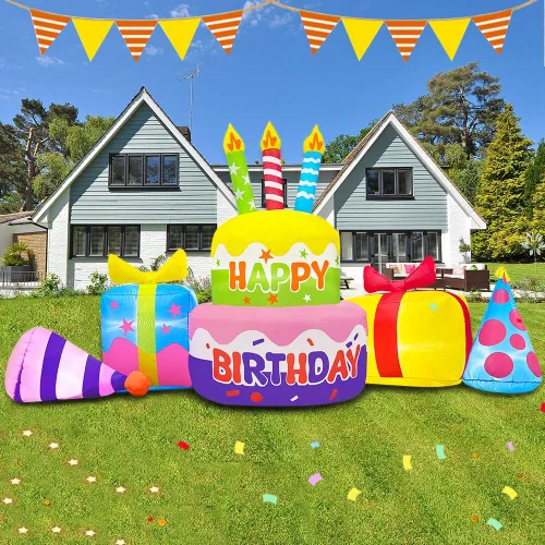 Vista 6 de Decoración inflable de pastel de cumpleaños feliz de 8 pies con velas, decoraciones inflables para patio exterior, luces LED integradas para fiestas