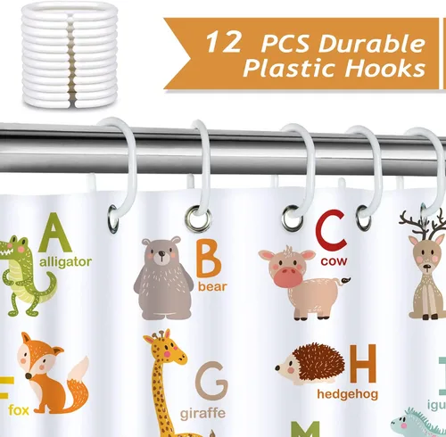 Vista 3 de Cortina de ducha Bonhause para niños ABC, linda decoración educativa del alfabeto animal para baño de niños pequeños, 72 x 72 pulgadas, tela