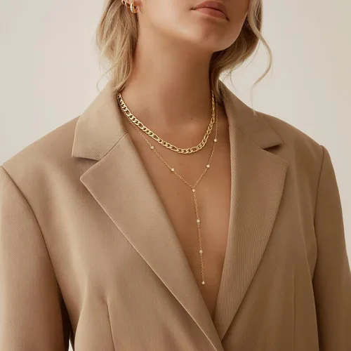 Vista 2 de KissYan Collar Lariat de oro para mujer, delicado chapado en oro de 14 quilates en forma de Y, cadena cubana en capas largas con colgante de gota