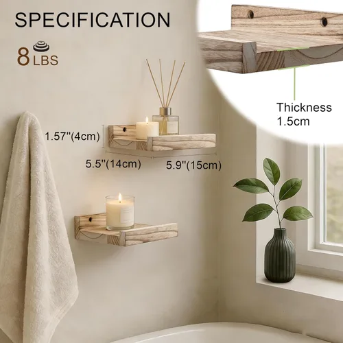 Vista 3 de Z metnal Mini estantes flotantes, pequeño estante de pared de madera natural para repisa de fotos, Pawlownia, montado en la pared, marrón claro, 6 x