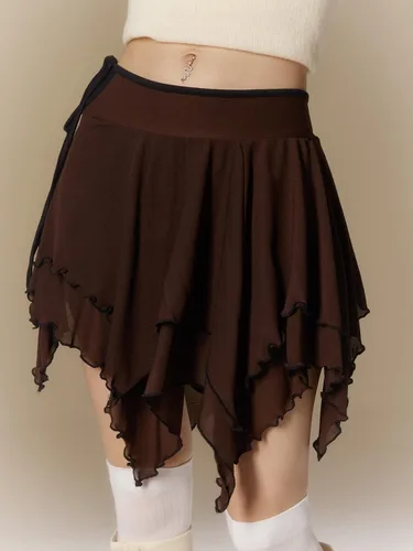 Vista 6 de Verdusa Falda Y2K con capas escalonadas y dobladillo asimétrico con nudo lateral para mujer
