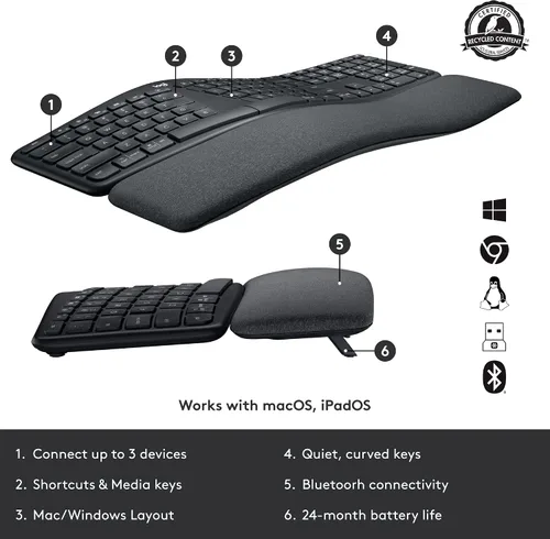 Vista 5 de Logitech Ergo K860 - Teclado inalámbrico dividido con soporte de muñeca y elevación vertical izquierdo ergonómico mouse zurdo Bluetooth receptor USB