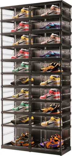 Vista 11 de EHAMILY - Organizador y almacenamiento de zapatos de 3 niveles, 6-12 pares, plegable, para armario, cajas de zapatos apilables de plástico