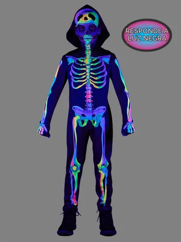 Vista 4 de Seasons Disfraz de esqueleto arcoíris con capucha para niños, sensible a la luz negra, disfraz de cosplay de Halloween