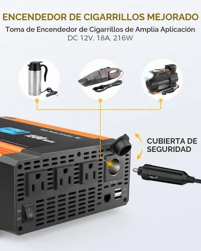 Vista 5 de Ampeak Inversor de potencia de 1500 W, 6.2 A, puertos USB duales, 3 salidas AC, inversor de corriente continua de 12 V a CA 110 V, puerto