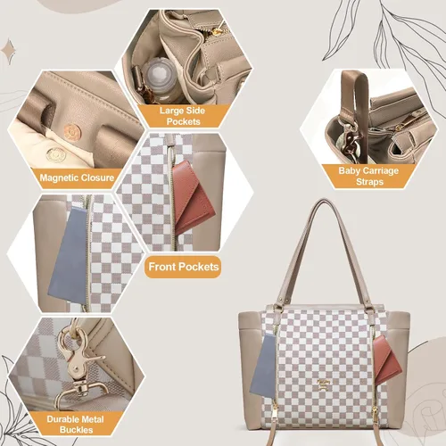 Vista 7 de miss fong Bolso de pañales de cuero con diseño a cuadros, mochila grande para mamá, bolsa hospitalaria de gran capacidad, 12 bolsillos, bolso