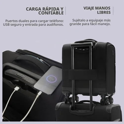Vista 5 de Verage Equipaje de mano debajo del asiento de 14 pulgadas con ruedas giratorias y puerto de carga USB, maleta con ruedas para aerolíneas, bolsa Negro
