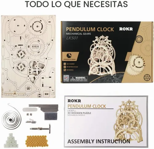 Vista 6 de ROKR Rompecabezas de reloj de péndulo mecánico de madera 3D, juego de construcción de juguetes de engranajes mecánicos, suministros de kit