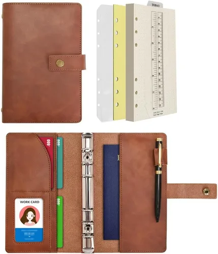 Vista 19 de WONDERPOOL Cuaderno de cuero recargable, cuaderno en espiral, carpeta de carpetas de diario A5 con puntos y bolsillos interiores para viajes, Marrón