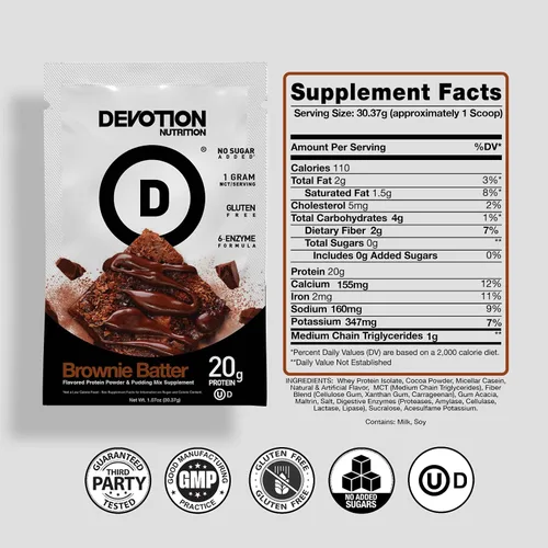 Vista 2 de Devotion Nutrition Brownie - Proteína en polvo para batidos, hornear, brownies, postres, 0.71 oz de aislado de suero y mezcla de caseína, sin azúcar
