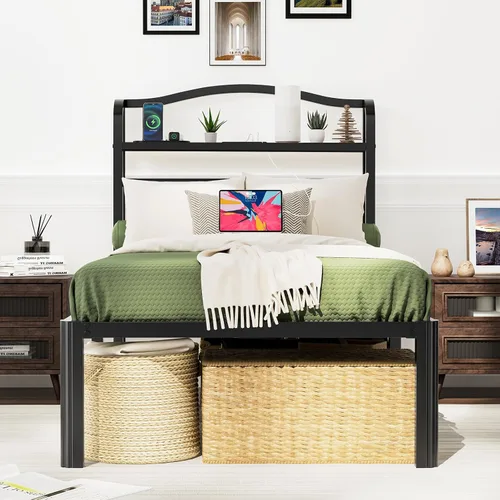 Vista 3 de Base de cama Individual XL con cabecera, base de colchón de metal, armazón de cama de 18 pulgadas de alto, no necesita somier, base de cama de 46 cm
