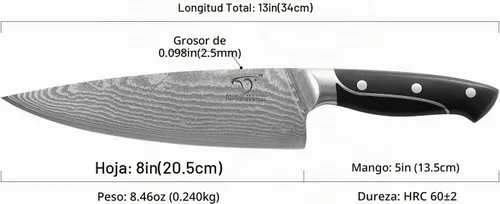 Vista 4 de NANFANG BROTHERS Cuchillo de chef de 8 pulgadas, 67 capas VG10 de acero de damasco, mango ergonómico de triple remache ABS antideslizante
