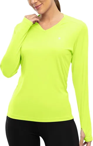 Vista 3 de TBMPOY Camisas de protección solar UPF 50+ para mujer, cuello en V, manga larga, ligeras, para senderismo, entrenamiento, con agujero para el pulgar