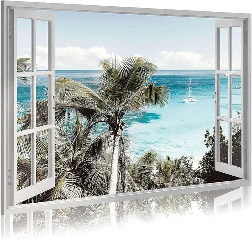 Vista 8 de Sea Whisper Lienzo decorativo para la pared de la ventana de la playa: imagen costera del océano, impresión de palmeras tropicales sobre pintura