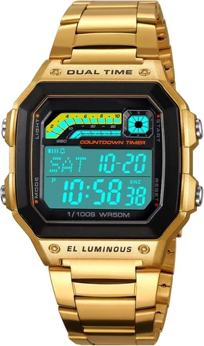 Vista 11 de PASOY Reloj de pulsera digital multifunción para hombre, con hora doble, alarma, cronómetro, cuenta regresiva, retroiluminación, resistente al agua