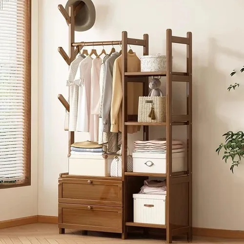 Vista 21 de Perchero de madera para colgar ropa con estantes de almacenamiento para entrada, pasillo, sala de estar