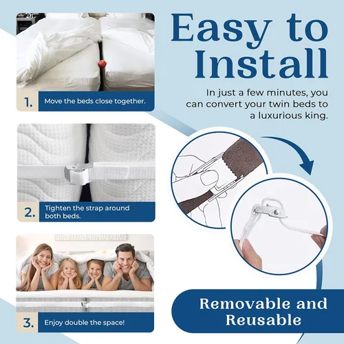 Vista 2 de Correa para camas individual y King. Conector para convertir cama individual a King o individual XL a King – 33 pies de largo correa con hebilla
