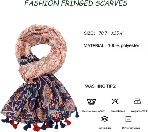 Vista 3 de Yeieeo Bufanda bohemia para mujer, ligera, con estampado floral, para otoño e invierno, chal con flecos