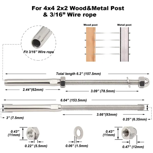 Vista 2 de Kit de 50 piezas de sistema de barandillas de cable 3/16, tensor de espárrago roscado de 6 pulgadas para postes de metal de madera de 4 x 4, 2 x 2