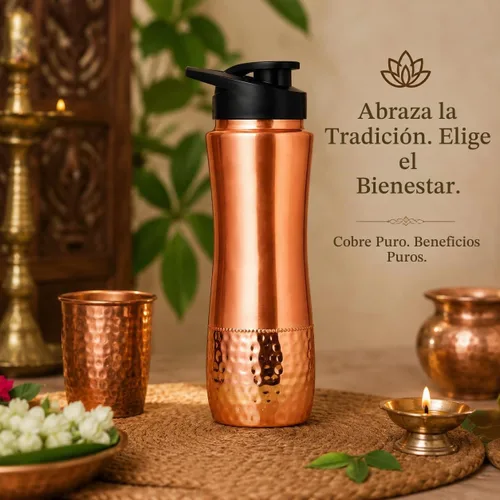 Vista 4 de Botella de agua de cobre con tapa para sorber, 30.4 onzas (30.4 fl oz / 900 ml), botella de cobre sólido 100% puro para agua potable, botella