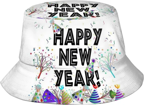 Vista 9 de Sombrero de pescador de feliz año nuevo para hombres, mujeres, adolescentes, plegable, con tema de Año Nuevo, sombreros para el sol, gorra