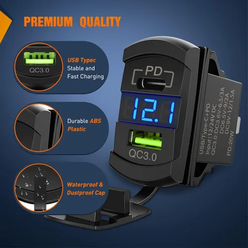 Vista 3 de Nilight Interruptor de palanca con salida USB estilo LED voltímetro conector rápido 12V PD tipo C y USB QC 3.0 para automóviles, reemplazo