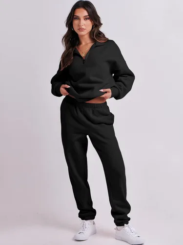 Vista 9 de Prinbara Conjunto de sudadera de manga larga con media cremallera para mujer, conjunto de 2 piezas con bolsillos