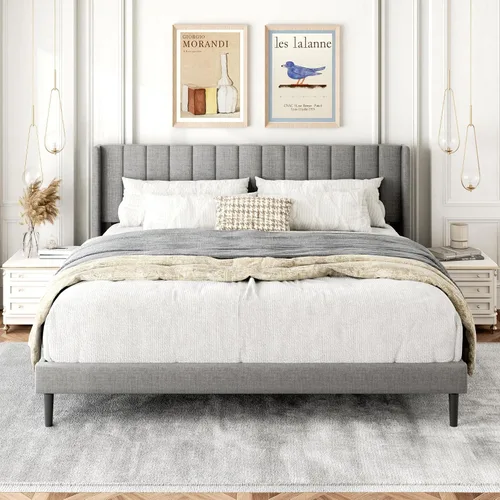 Vista 24 de Gruwans Base de cama de tamaño individual con cabecera tapizada con respaldo de ala, plataforma de fácil montaje, soporte de listones de madera,