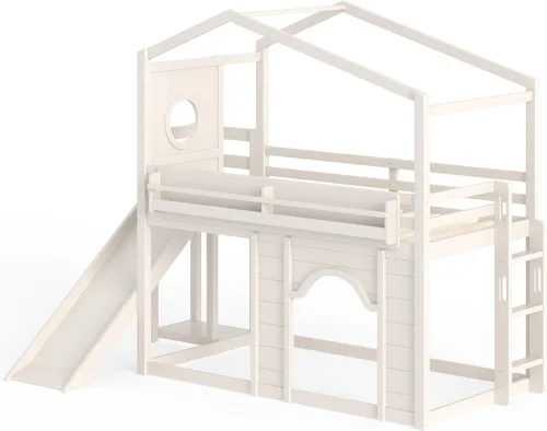 Vista 9 de Harper & Bright Designs Cama tipo loft para niños, tamaño individual, con armario y puerta arqueada, litera de casa con tobogán y estanterías