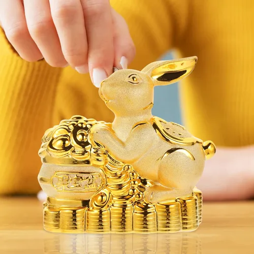 Vista 8 de Estatua de conejo de cerámica Feng Shui Estatua de conejo para riqueza 2023 Año Nuevo chino Zodiaco Recuerdo Animales Banco Moneda Conejito Caja