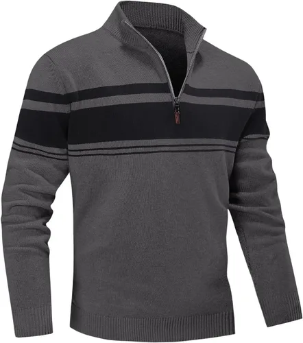 Vista 8 de MAGNIVIT Suéter para hombre, con cremallera de un cuarto, a rayas, para otoño, invierno, primavera, bloque de color, polo, sudaderas Negro