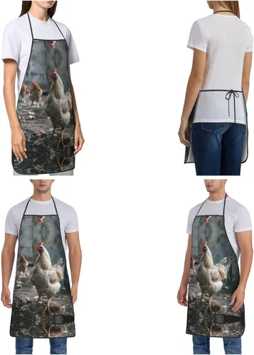Vista 6 de Chicken Full Print Stain Resistant Apron With Pocket-Water Repellent Polyester Kitchen Apron For Cooking,Bbq,Waitress