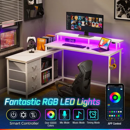 Vista 3 de Seventable Escritorio de computadora en forma de L con cajones, escritorio reversible para juegos con luces LED y puerto de carga, escritorio