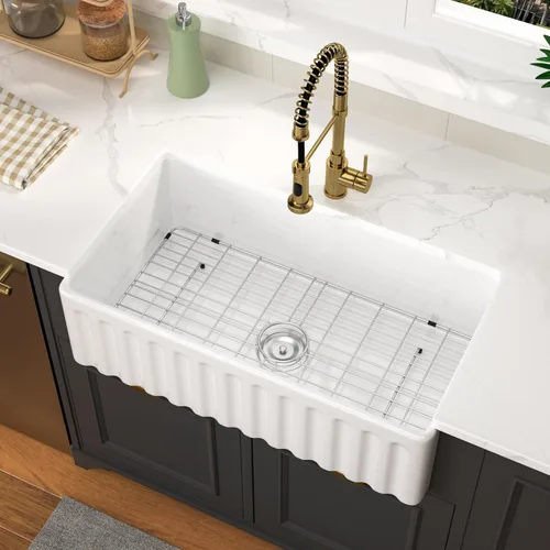 Vista 19 de Fregadero de 33 unidades de arcilla refractaria de 33 x 20 x 10 pulgadas, color blanco, fregadero de cocina de porcelana de cerámica, estilo casa