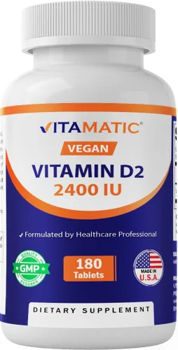 Vista 10 de Vitamatic Vitamina D2 60 mcg (2400 UI) - Ergocalciferol - 180 Tabletas Vegetarianas (180 Tabletas (Paquete de 1)) (2 Botellas)