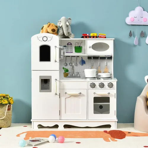 Vista 6 de GLACER Juego de cocina para niños con teléfono, juguetes Montessori de madera con luz y sonido, microondas, máquina de hielo, horno, fregadero