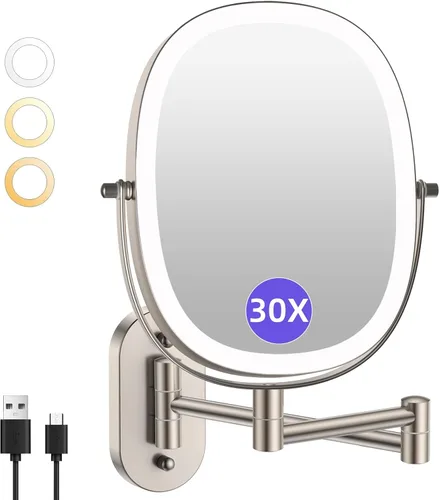 Vista 11 de FUNTOUCH Espejo de Maquillaje Montado en la Pared Iluminado 30X/1X, Espejo de Aumento de Baño Recargable de Doble Cara de 5000mAh, Modos de 3 30