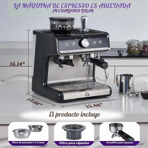 Vista 6 de Máquina de café expreso de 20 barras con molinillo, cafetera espresso semiautomática con espumador de leche para barista casero, cafetera