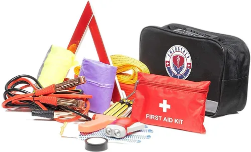 Vista 5 de Kit de emergencia para automóvil en carretera, juego de primeros auxilios, cables de puente, correa de remolque, luz de flash LED, capa de lluvia