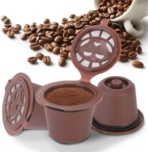 Vista 2 de 3 cápsulas de café reutilizables con filtro de cápsulas recargables para uso doméstico, color marrón, compatible con máquinas estándar