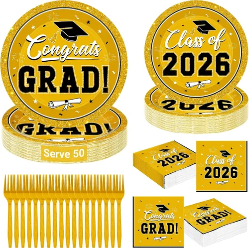 Vista 10 de QZYL 200 suministros para fiesta de graduación 2026, platos y servilletas de graduación negros y dorados, platos de postre desechables y tenedores