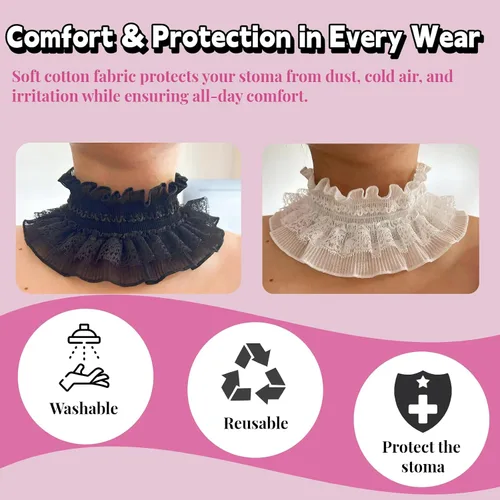 Vista 2 de 2 fundas de traqueotomía de encaje para mujer, protector de estoma de cuello blanco y negro, transpirable, de algodón suave, protector de estoma