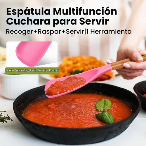 Vista 2 de Juego de cucharas de cocina de silicona grandes, 2 cucharas de servir resistentes al calor, espátula antiadherente multifunción para mezclar Berry