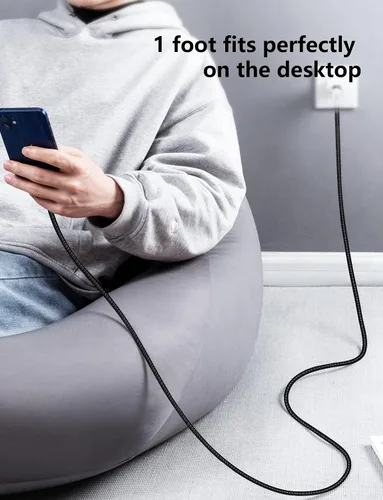 Vista 7 de Cargador rápido corto para iPhone de 1 pie, paquete de 2 [certificado Apple MFi] USB C a Lightning, cable trenzado de carga rápida compatible