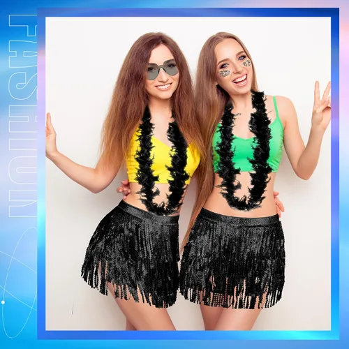 Vista 5 de Toulite Juego de 5 faldas de lentejuelas con flecos para mujer, bufanda de danza del vientre, pantalones cortos metálicos para baile, plumas rave