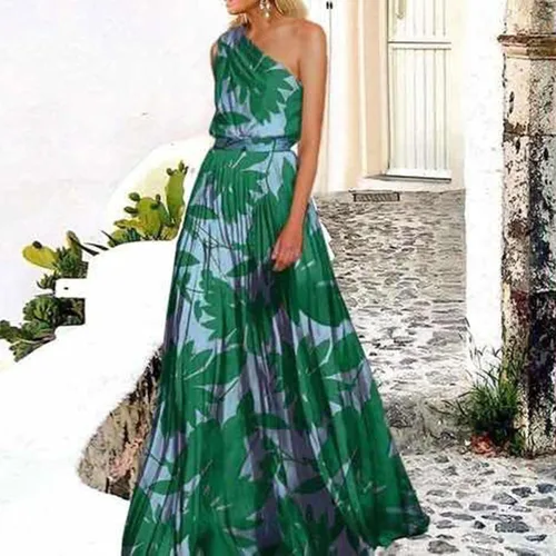 Vista 3 de Vestidos tropicales para mujer, sexy, de un hombro, sin mangas, maxi vestido de verano con cintura cruzada, plisado, vestido largo de fiesta